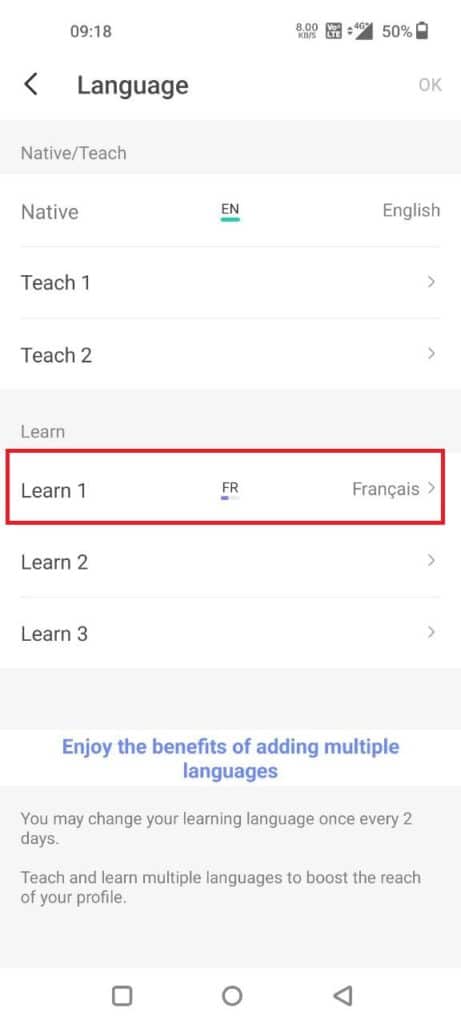 change learning language in HelloTalk