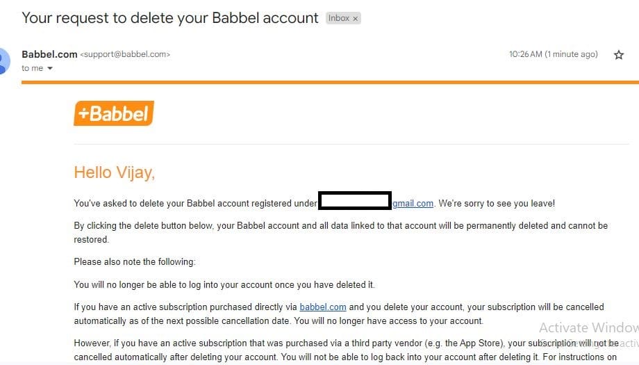 babbel account delete email