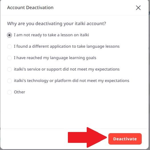 italki account deactivation popup