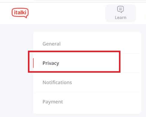italki privacy menu