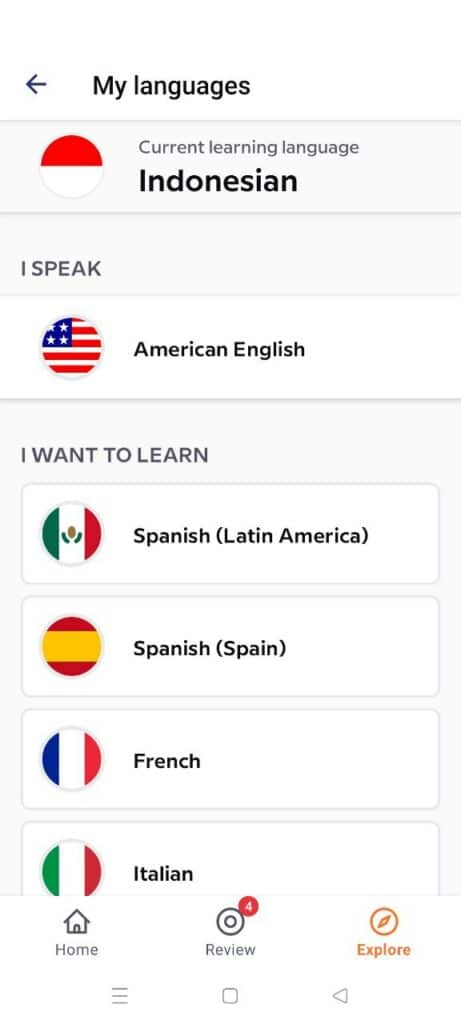 babbel language selection on mobile app